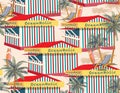 Vector seamless pattern of beach house box , beach huts on Summer striped and palm trees