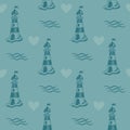 Vector seamless pattern with beacons, waves and hearts with muted blue tones. Royalty Free Stock Photo