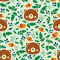 seamless pattern with bear, bird and leaves