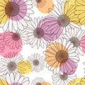 Vector seamless pattern with beautiful chamomile flower and colorful watercolor blots. Floral line illustration.