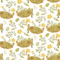 Vector seamless pattern with beautiful flowers and eggs in a basket. Easter background in bed tones. A basket with Royalty Free Stock Photo