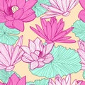 Vector seamless pattern with beautiful pink lotus flower and gre Royalty Free Stock Photo