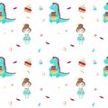 Vector seamless pattern with beautiful princess and dragon Royalty Free Stock Photo