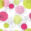 Vector seamless pattern with beautiful roses flower and colorful watercolor blots. Black and white floral line illustration. Royalty Free Stock Photo