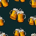 Vector Seamless Pattern, Beer, Beer Mugs on Dark Background, Colorful. Royalty Free Stock Photo