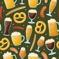 Vector seamless pattern with beer mugs, bottles, German sausages and pretzels. Alcoholic beverages Royalty Free Stock Photo