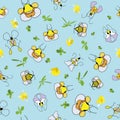 Vector seamless pattern with bees, butterflies, moth in spring or summer garden.