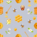 Vector seamless pattern with bees, honeycomb, chamomile flowers, leaves