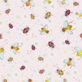 Vector seamless pattern with bees and ladybirds on pastel background. Royalty Free Stock Photo
