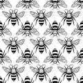 Vector seamless pattern with bees, leaves and flowers. Black and yellow texture.