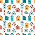 Vector seamless pattern birds houses on white background. Cute backdrop for wallpaper, print, textile, fabric, wrapping. Royalty Free Stock Photo