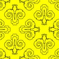 A Vector seamless pattern of black abstract geometric shapes for tile isolated on a yellow background Royalty Free Stock Photo