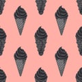 Vector seamless pattern of black charcoal ice cream in cone, waffle