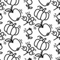 Vector seamless pattern of black contours of autumn harvest, pumpkin, rowan, apple, cranberry in the style of doodles