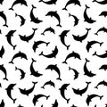 Seamless pattern with dolphins. Vector black and white illustration.