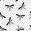 Vector seamless pattern of black dragonflies and dots