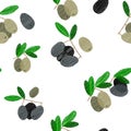 Vector seamless pattern of black and green painted olives. The pattern is suitable for kitchen and cooking Royalty Free Stock Photo