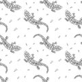 Vector seamless pattern with black lizards in zebra stripes style on a white background