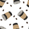 Vector seamless pattern with black paper cups of coffee and coffee beans Royalty Free Stock Photo