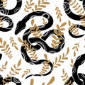 Vector seamless pattern with black snake silhouettes with tribal decorations and stems on a white background. Mystical texture Royalty Free Stock Photo