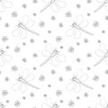 Vector seamless pattern of black thin outline cute dragonflies, flowers in doodle style. Glade, forest edge