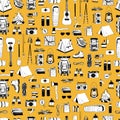 Vector seamless pattern with black and white elements isolated on yellow. Endless texture. Hiking, camping print