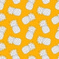 Vector seamless pattern with black and white Pineapple Fruit on juicy yellow background. Cartoon texture, template for design Royalty Free Stock Photo