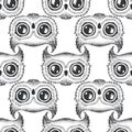 Vector seamless pattern with black and white hand drawn owls isolated on white background. Design for t-shirt print, fabric, card