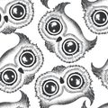 Vector seamless pattern with black and white hand drawn owls isolated on white background. Design for t-shirt print, fabric,