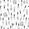 Vector seamless pattern of black and white kitchen tools. Royalty Free Stock Photo