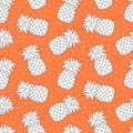 Vector seamless pattern with black and white Pineapple Fruit on juicy yellow background. Cartoon texture, template for design Royalty Free Stock Photo