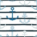 Vector blue anchors repeat seamless pattern on white whith grey strip background