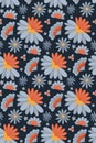 Vector seamless pattern with blue groovy flowers on dark blue background. Nature retro floral texture for fabric and wallpaper. Royalty Free Stock Photo