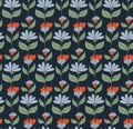 Vector seamless pattern with blue groovy flowers on stems and foliage on dark blue background. Nature retro floral texture Royalty Free Stock Photo