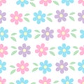 Vector seamless pattern of blue pink and violet simple flowers with green leaves isolated on white. Spring romantic