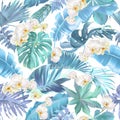 Vector seamless pattern with blue tropical leaves Royalty Free Stock Photo