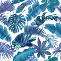 Vector seamless pattern with blue tropical leaves Royalty Free Stock Photo