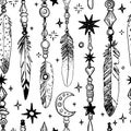Vector seamless pattern. bohemian feather, star, moon. fo textile, wrapping, wallpaper, fabric, office Royalty Free Stock Photo