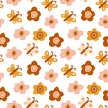 Vector seamless pattern with boho colors butterflies and flowers on white.