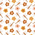 Vector seamless pattern with boho colors dragonflies and flowers on white.