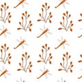 Vector seamless pattern with boho colors dragonflies and sprigs on white.