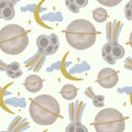 Vector Seamless pattern in boho style with space objects painted in watercolor. Royalty Free Stock Photo