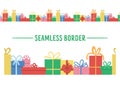 Vector seamless pattern border brush with presents. Funny horizontal birthday or Christmas gift boxes background. Bright holiday Royalty Free Stock Photo