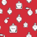 Vector seamless pattern. bottle of perfume. Hand drawn cute funny fashion illustration. doodle sketch. Isolated elements