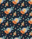 Vector seamless pattern with bouquet of groovy flowers and stems on dark blue background with ditsy. Retro hippie floral Royalty Free Stock Photo