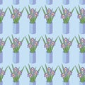 Vector seamless pattern with bouquets of iris flowers in blue vase Royalty Free Stock Photo