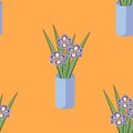 Vector seamless pattern with bouquets of iris flowers in blue vase. Royalty Free Stock Photo