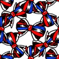 Vector seamless pattern of a bow tied from a three-color ribbon of red, blue and white colors. a doodle-style bow tie pattern Royalty Free Stock Photo