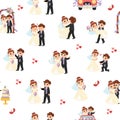 Vector seamless pattern with bride and groom. Cute just married couple repeat background. Wedding ceremony texture. Cartoon Royalty Free Stock Photo