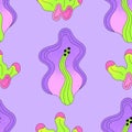 Vector seamless pattern with bright abstract wavy flowers on purple background. Summer or spring floral design for